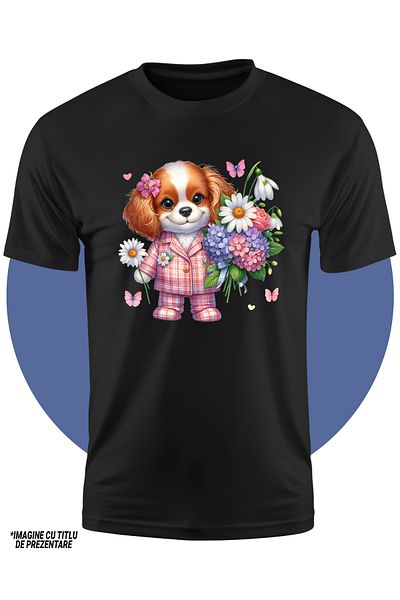 StoryGift Romania Tricou Copii Cu Un Catel La Costum, Ilustratie, Tine Un Buchet Cu Flori, Liliac, Dar, Cado