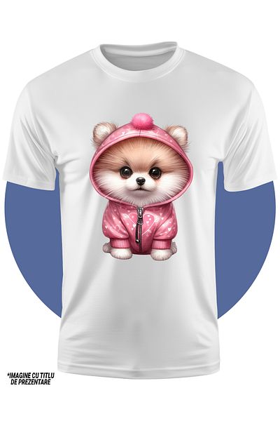 StoryGift Romania Tricou Copii cu un catelus blanos care poarta un hanorac cu inimioare, pentru iubitorii de