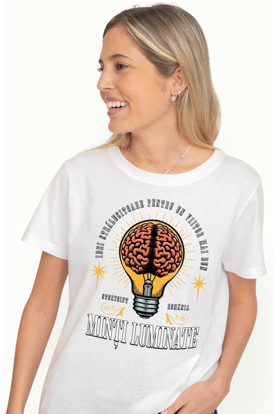 StoryGift Romania Tricou Femei Minti Luminate Creier Minte Inteligenta Cu Imprimeu Pe Fata, 100% B Wht_m