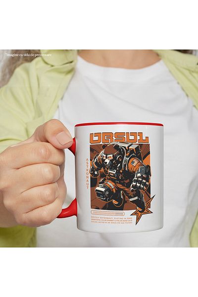 StoryGift Romania Grizzly Bear Astronaut Mug, Gravity, Robot, 330ml, Ceramic with Red Handle, With Handle, STG