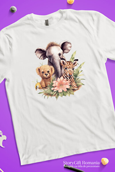 StoryGift Romania Tricou Femei Cu Mai Multe Animalute Salbatice, Ilustratie, In Natura, Jungla, Fl Wht_l