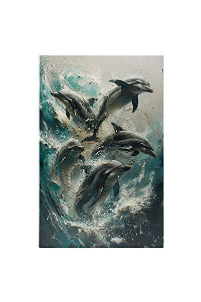 StoryGift Romania Tablou Canvas: Dans Elegant Al Delfinilor În Oceanul Agitat- Valuri Jucăușe Pictura Digitala