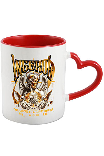 StoryGift Romania Cana Cu Statuie Inger Cu Aripi Trompete Text Ingerul Dragostea E Pe Drum Valenti, Cu Maner Inim Stg