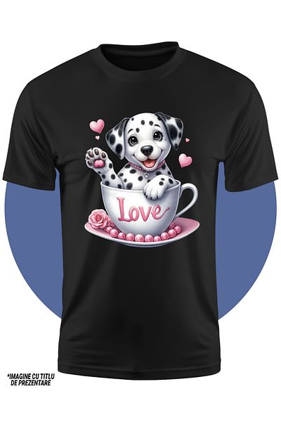 StoryGift Romania Tricou Copii Cu Un Catel Dalmatian Fericit, Face Cu Mana, Sta Intr-o Ceasca, Inimi, Mesaju