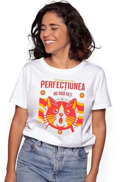 StoryGift Romania Tricou Femei Pisica Uimita, Text Perfectiunea Are Noua Vi C...