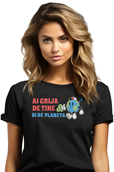 StoryGift Romania Tricou Femei Ai Grija De Tine Si De Planeta, Ecologie Cu Imprimeu Pe Fata, 100% Blk_l