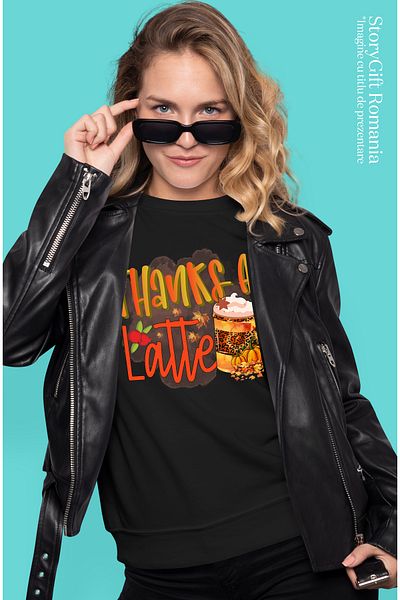 StoryGift Romania Tricou Femei Cu Mesajul "thanks A Latte", Toamna, Ilustratie, Dovleci, Cafea, Fr Blk_l