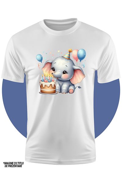 StoryGift Romania Tricou Copii Cu O Femela Elefant Care Sufla In Lumanarile De Pe Tort, Ilustratie, Baloane,