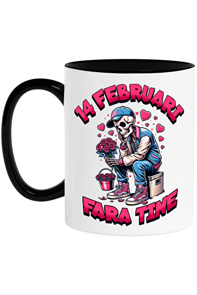 StoryGift Romania Cana Cu Schelete Cu Buchet De Flori Trist Text 14 Februarie Fara Tine Dragoste, , Cu Maner Negru Stg