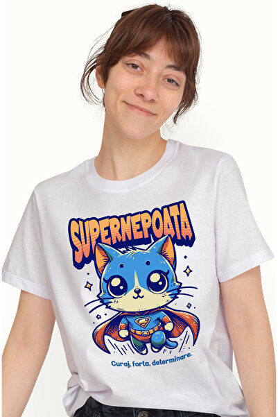 StoryGift Romania Tricou Femei Super Nepoata, Supererou, Pisica Zburand, Cu I...
