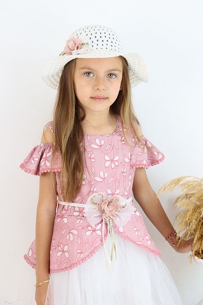 FESSHERA 🎀   Girls' Special Occasion Dress Hat and Belt Set - Floral Print, Tulle, and Hat Design 🎀