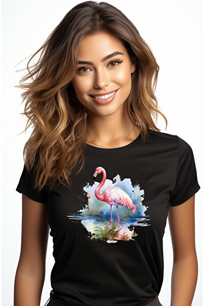 StoryGift Romania Tricou Femei Cu Pasarea Flamingo, Ilustratie, Roz, Apa, Lac, Ierburi, Plante, Na Blk_l