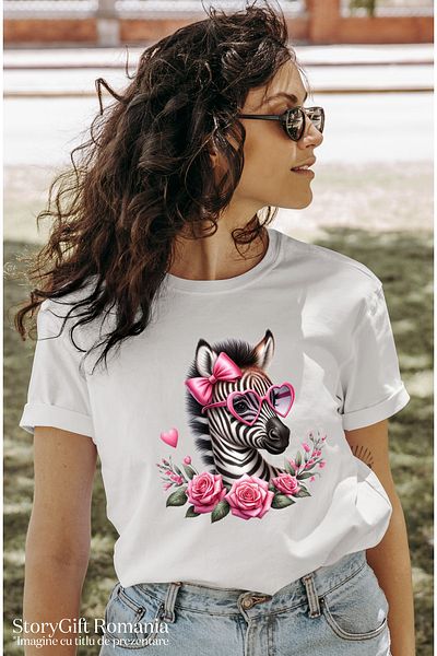 StoryGift Romania Women's T-shirt with a zebra wearing heart-shaped glasses, illustration, WHT_M