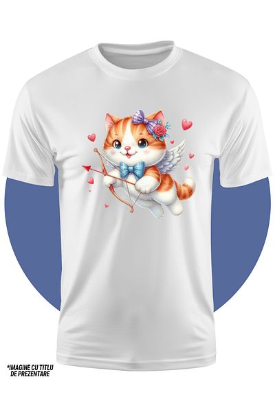 StoryGift Romania Tricou Copii Cu O Pisicuta Cupidon Care Trage Cu Arcul, Ilustratie, Inimioare, Funda, Tran