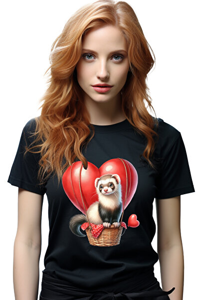 StoryGift Romania Tricou Femei Cu Un Dihor Care Zboara Cu Un Balon Cu Aer Cald, Ilustratie, Inimio Blk_l