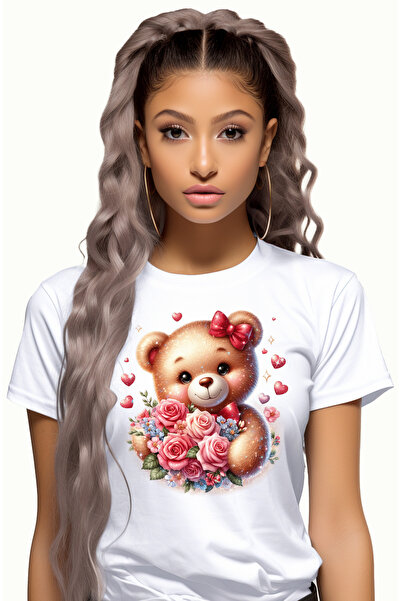 StoryGift Romania Tricou Femei Cu Un Ursulet Imbujorat Care Tine Un Buchet Cu...