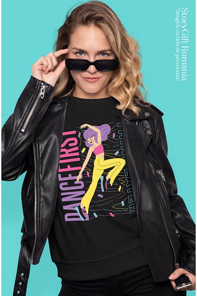 StoryGift Romania Tricou Femei Cu Mesajul Dance First Think Later, Fericire, Overthinking, Iubitor BLK_L