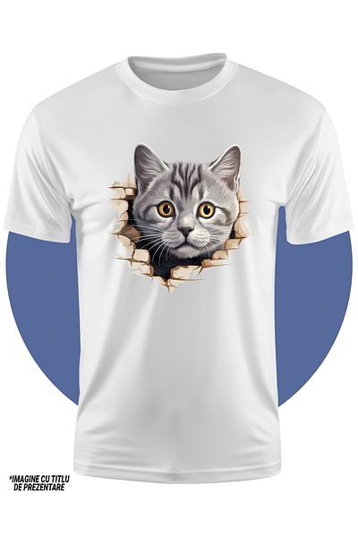 StoryGift Romania Tricou Copii Cu O Pisica Mirata, Ilustratie, Se Uita Socata, Gri, Scoate Capul Printr-un Z