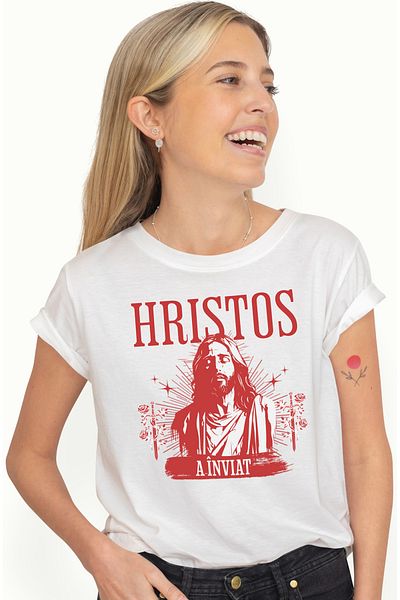 StoryGift Romania Tricou Femei Hriatos A Inviat Paste Sarbatori Pascale Oua Iepure Cu Imprimeu Pe Wht_m