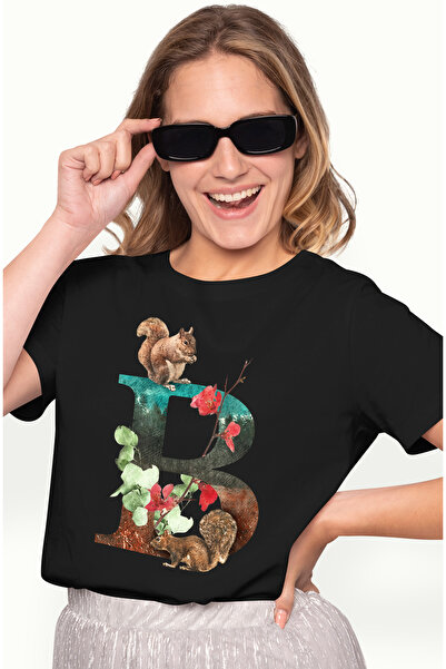StoryGift Romania Tricou Femei Cu Litera, B, Veverite, Flori, Frunze, Multico...