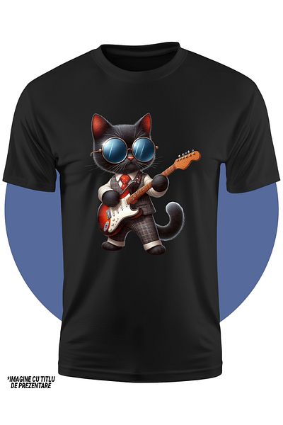 StoryGift Romania Tricou Copii Cu O Pisica Neagra Care Canta La Chitara, Muzica, Pasiune, Ilustratie, Costum