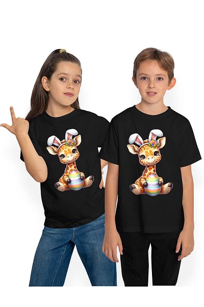 StoryGift Romania Children's T-shirt with a giraffe, illustration, rabbit ears, egg, cheerful, happy, playful 10,STG4