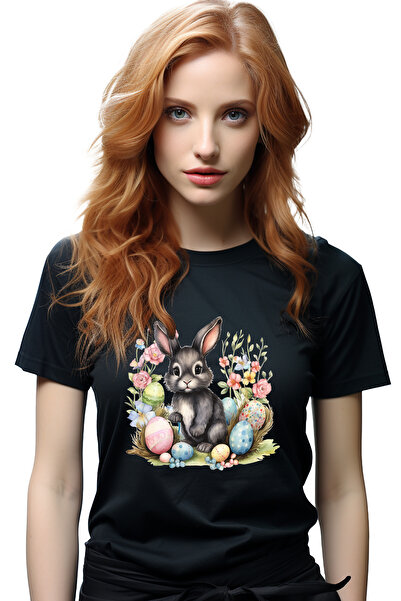 StoryGift Romania Tricou Femei Cu Un Iepuras Negru In Natura, Ilustratie, Flo...