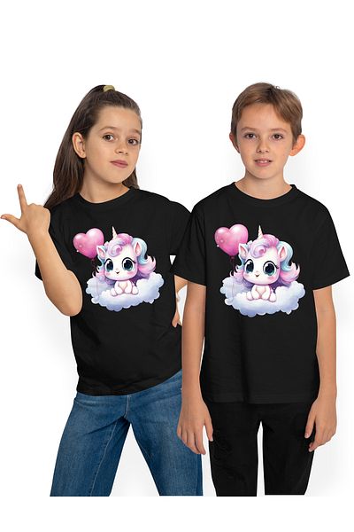 StoryGift Romania Tricou Copii Cu Un Unicorn Care Sta Pe Un Norisor, Ilustratie, Balon In Forma De Inimioara