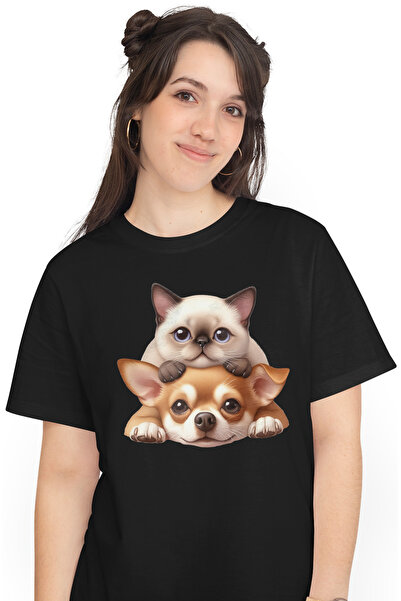 StoryGift Romania Tricou Femei Cu O Pisicuta Si Un Catelus, Ilustratie, Priet...