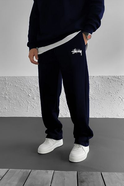 THE RULE Stüssy εμπριμέ φαρδύ καλοκαιρινό 3 νήμα Loose εφαρμογή ίσιο πόδι Εποχιακό μπλε ναυτικό παντελόνι φούτερ RF0510