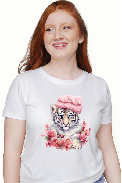 StoryGift Romania Tricou Femei Cu Un Pui De Tigru Cu Caciula, Ilustratie, Flo...