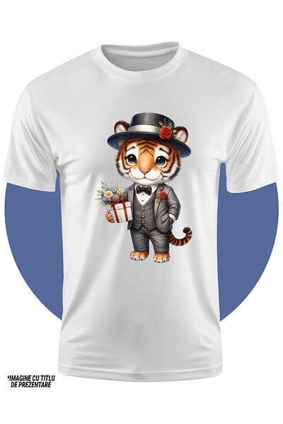 StoryGift Romania Tricou Copii Cu Un Tigru, Ilustratie, Palarie, Cadou, Floricele, Dar Pentru Iubita, Valent