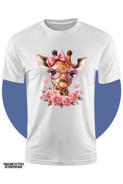 StoryGift Romania Tricou Copii Cu O Girafa Timida, Trandafiri, Inimioare, Funda, Valentine's Day, Ilustratie