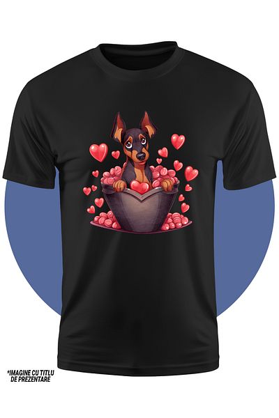 StoryGift Romania Tricou Copii Cu Un Caine Care Sta Intr-o Copaita, Ilustratie, O Multime De Inimioare, Apre