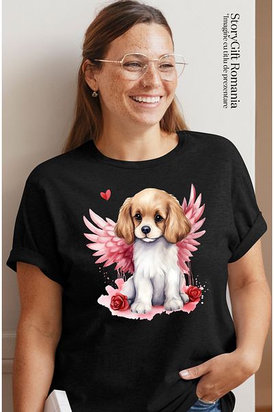 StoryGift Romania Tricou Femei Cu Un Catel Cuminte, Ilustratie, Aripi, Inima, Trandafiri, Aprecier Blk_m