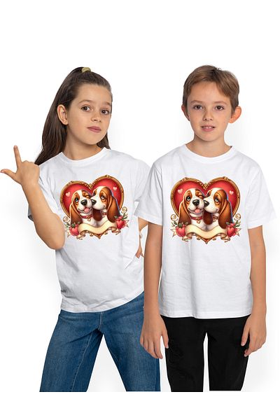 StoryGift Romania Tricou Copii Cu O Catelusa Si Un Catel, Ilustratie, Cadru In Forma De Inima, Intelegere, A
