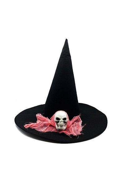 Skygo Black Color Pink Veiled Skull Themed Witch Hat 35X38 cm