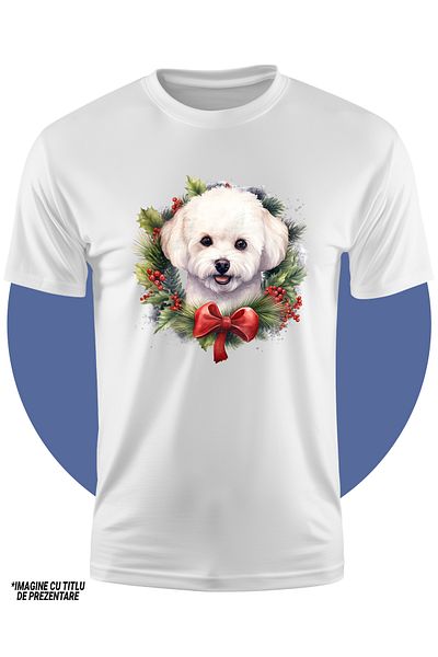 StoryGift Romania Tricou Copii Cu Un Catel Alb Vesel, Ilustratie, Blanos, Vasc, Frunze, Brad, Iarna, Frig, F