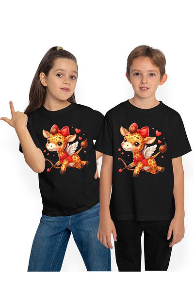 StoryGift Romania Tricou Copii Cu O Girafa Cupidon, Ilustratie, Trage Cu Arcul, Aripi, Zboara, Inimioare, Va