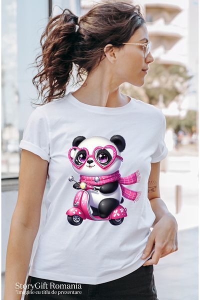 StoryGift Romania Tricou Femei Cu O Ursoaica Panda Care Conduce Un Scuter, Plimbare, Viteza, Fular Wht_l