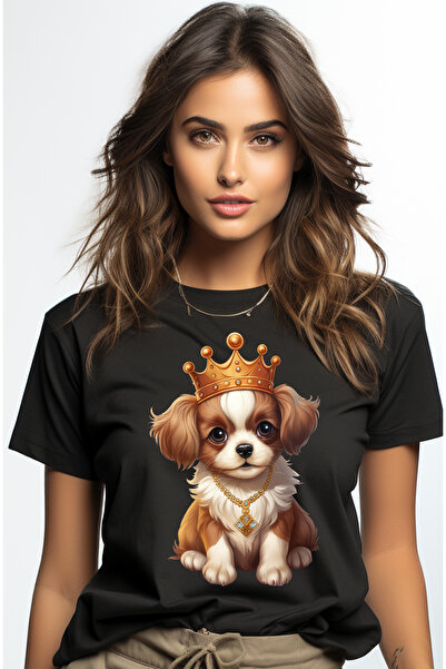 StoryGift Romania Tricou Femei cu un catel timid cu o coroana regala pe cap, ...