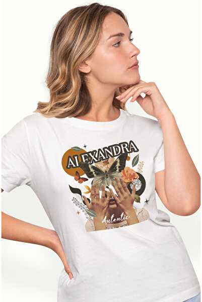 StoryGift Romania Tricou Femei Cu Numele Alexandra, Colaj Fata, Fluture, Flor...