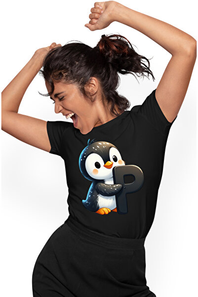 StoryGift Romania Tricou Femei cu un pinguin cu litera "P", ilustratie, pentr...
