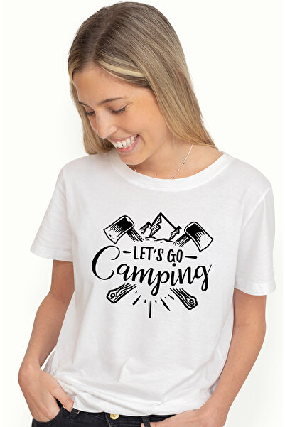 StoryGift Romania Tricou Femei cu munti si topoare cu mesajul "Let's go camping" - hai la camping/ WHT_M