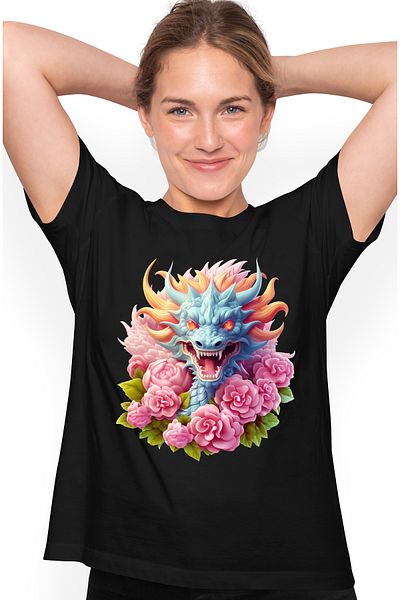 StoryGift Romania Tricou Femei cu un dragon agresiv, ilustratie, ochi in flacari, floricele, roz, BLK_L
