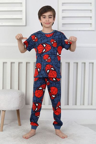 Yağmur Giyim İsob Navy Blue Spiderman vzorovaný 100% bavlna Chlapecká pyžamová sada s krátkým rukávem 3-13 let 41323-4