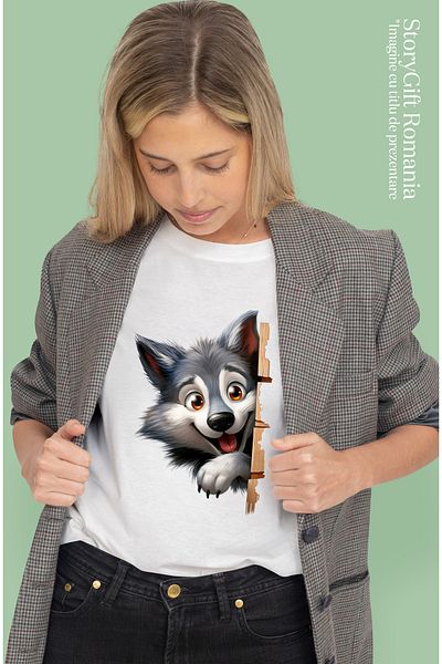 StoryGift Romania Women's T-shirt with a happy wolf, illustration, smile, wild and dangerous animal WHT_L