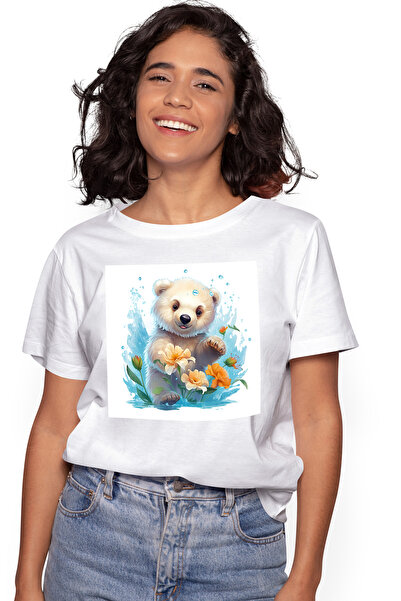 StoryGift Romania Tricou Femei cu un urs polar care se joaca, ilustratie, flo...