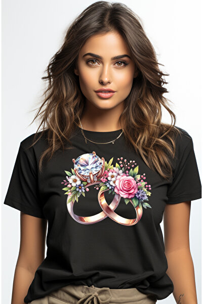 StoryGift Romania Tricou Femei cu 2 inele de logodna, ilustratie, relatie, iubire, cadou, diamant, BLK_L
