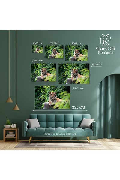 StoryGift Romania Tablou Canvas Tigru Bengal Culcat Printre Tufisuri Verzi Armonie In Natura, Frumusete Salbatic